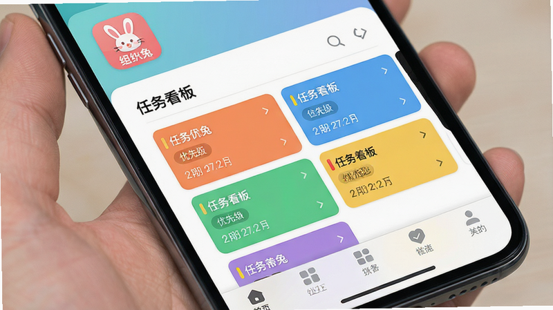 主体为手机屏幕界面展示,布局清晰,顶部显示“组织兔”应用图标,中间是任务看板视图,包含不同颜色的任务卡片,底部有导航栏。风格为扁平化UI设计,细节丰富,显示任务优先级标签和截止日期。画质高清,干净,无多余元素,文字加引号“组织兔”、“任务看板”。