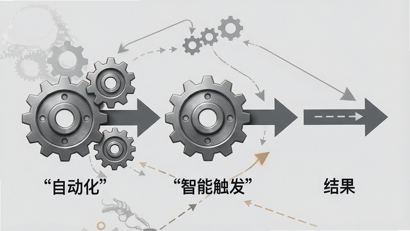 主体为自动化齿轮与流程箭头,布局为线性流程图,从左至右展示触发-执行-结果。风格为工业极简风,细节表现齿轮咬合的精密感,背景为浅灰色。画质锐利,干净,无多余线条,文字加引号“自动化”、“智能触发”。