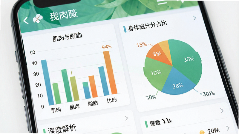 展示健康指标图表的手机界面,包含柱状图对比肌肉与脂肪比例,饼图展示身体成分占比,配色清新自然,布局紧凑合理,风格专业医疗风,细节清晰,画质高保真,干净无多余元素,文字标注“深度解析”