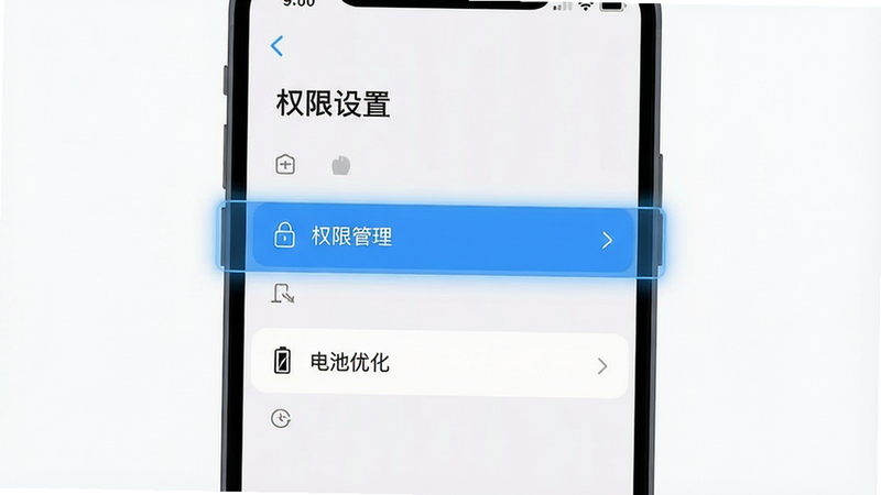 展示手机设置界面的示意图,高亮显示“权限管理”与“电池优化”选项,界面简洁明了,风格扁平化,细节清晰,画质高清,干净无多余元素,文字标注“权限设置”