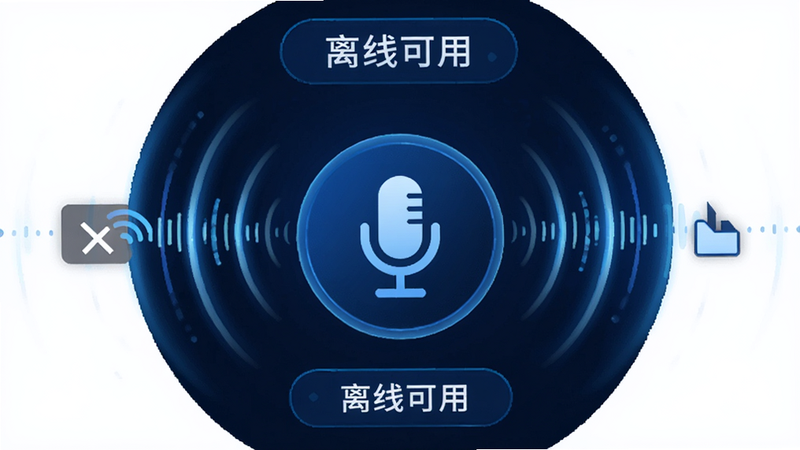 主体为聆槎译通离线模式下的语音交互场景,布局为中心放射状视觉图,中心是麦克风图标,周围环绕着声波扩散动画,排版紧凑,风格为科技蓝调,细节展示信号断开图标与本地处理标识,文字标注“离线可用”,画质细腻,无水印