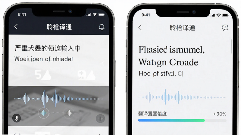 主体为聆槎译通App的手机界面截图,布局采用左右分屏结构,左侧显示中文输入区,右侧显示英文翻译结果区,排版整洁现代,风格为极简科技感,细节处展示语音波形动画与翻译置信度进度条,文字清晰包含“聆槎译通”品牌标识,画质高清8k,干净无多余元素