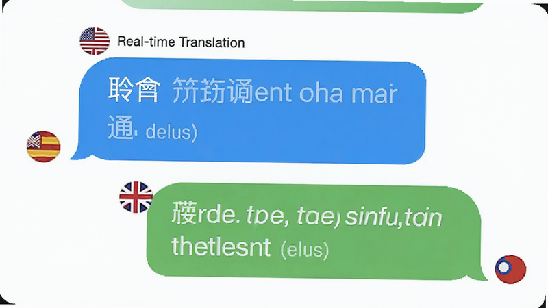 主体为聆槎译通实时对话界面,布局为上下聊天气泡样式,上方气泡显示中文,下方气泡同步显示英文翻译,排版动态流畅,风格为清新扁平化,细节展示毫秒级延迟标识与多语言旗帜图标,文字包含“Real-time Translation”,画质清晰,背景纯净