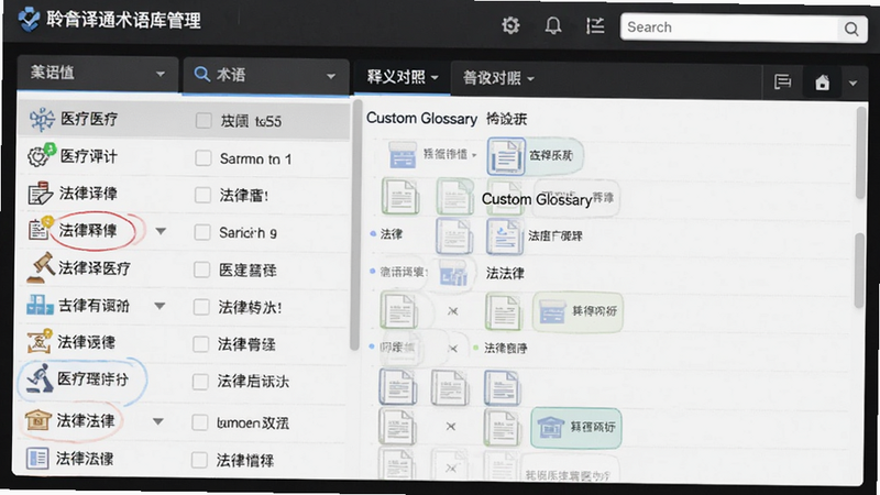 主体为聆槎译通术语库管理界面,布局为列表加搜索框结构,左侧为术语列表,右侧为释义对照,排版严谨有序,风格为商务深色模式,细节展示医疗与法律图标分类,文字标注“Custom Glossary”,画质高保真,无杂色