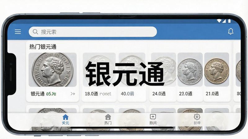 一张高清手机界面展示图,主体为安卓手机屏幕,显示“银元通”APP首页,布局包含顶部搜索栏、中部热门银元卡片列表、底部导航栏,风格为现代扁平化UI设计,细节清晰,画质高清,干净无多余元素,屏幕中央醒目显示文字“银元通”