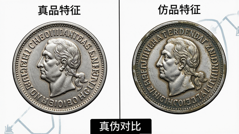 一张展示银元细节对比的示意图,主体为两枚银元并列放置,左侧标注“真品特征”,右侧标注“仿品特征”,布局为左右分屏对比,风格为专业鉴定图解,细节聚焦于边齿和包浆,画质超清,无背景干扰,屏幕下方有文字“真伪对比”