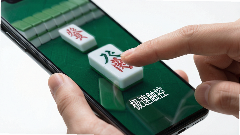主体为手指点击手机屏幕场景,布局展示单手操作姿态,排版简洁突出交互区域,风格为现代简约,细节包含指尖触碰麻将牌的动态模糊效果,画质高保真,干净无背景杂物,文字标注