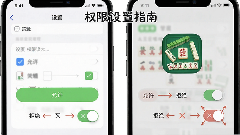 主体为手机设置界面与麻将游戏图标对比,布局展示权限管理步骤,排版清晰标注“允许”与“拒绝”选项,风格为简洁UI设计,细节包含勾选框与滑块开关,画质清晰,干净无背景干扰,文字标注