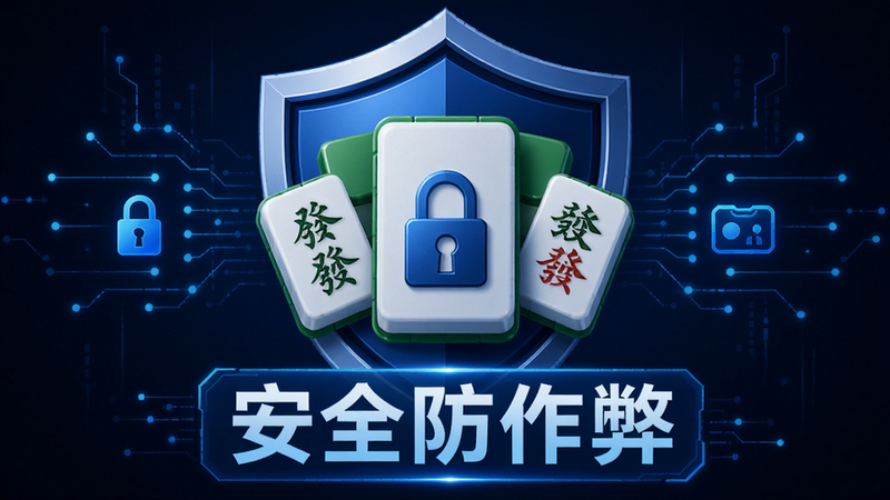 主体为盾牌图标与麻将牌组合,布局呈现安全保护概念,排版居中对称,风格为科技蓝调,细节包含数据流线条与锁形图标,画质清晰,干净无杂乱元素,文字标注