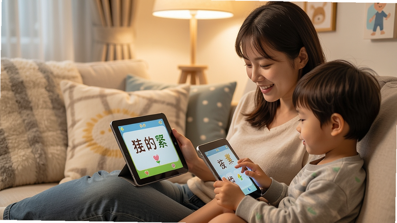 一个温馨的室内场景,一位年轻母亲坐在沙发上,旁边的小儿子正拿着平板电脑操作,屏幕上显示着简单的汉字学习界面,背景是柔软的抱枕和落地灯,光线柔和温馨,色调偏暖,人物表情自然愉悦,细节真实,高清摄影风格,无杂乱背景