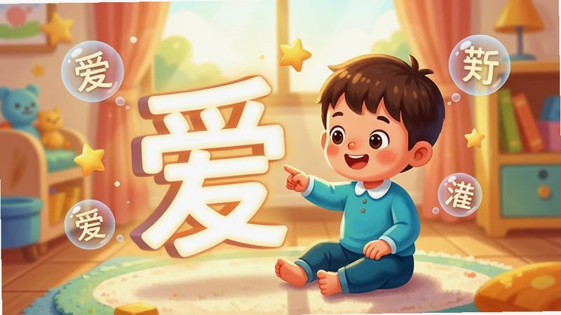 一张充满童趣的卡通风格插画,主体是一个可爱的3岁小男孩坐在明亮的儿童房地毯上,面前悬浮着一个巨大的、立体的、发着柔和白光的中文字符“爱”,男孩正用手指着这个字,周围漂浮着其他半透明的汉字气泡和星星装饰。背景是温馨的暖色调,阳光透过窗户洒在地板上,画面构图居中,色彩鲜艳饱满,细节丰富,高清无噪点,干净无多余元素