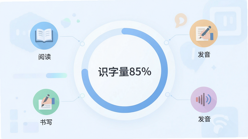 数据可视化图表界面,背景为淡蓝色,中心是一个圆形的进度环,显示“识字量85%”,周围环绕着几个小图标,代表“阅读”、“书写”、“发音”等维度,整体设计风格扁平化,色彩柔和,布局清晰,科技感与亲和力并存,高清细节,无杂乱线条