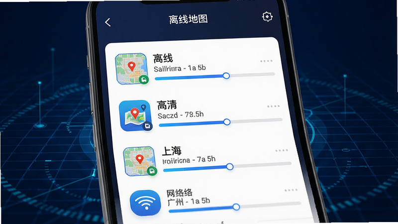 手机界面展示“离线地图”下载页面,显示北京、上海、广州等城市的地图包大小及下载进度条,背景为深蓝色科技感网格,突出“离线”、“高清”、“无网络可用”等关键词,图标设计简洁明了,整体风格专业可靠,高分辨率,无水印