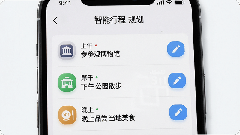 手机界面展示“智能行程规划”功能,列表中显示第一天的行程安排,包括上午参观博物馆、下午公园散步、晚上品尝当地美食,每项前有图标标识,右侧有编辑按钮,界面整洁,文字清晰,背景为淡白色,突出功能实用性,高分辨率,细节丰富