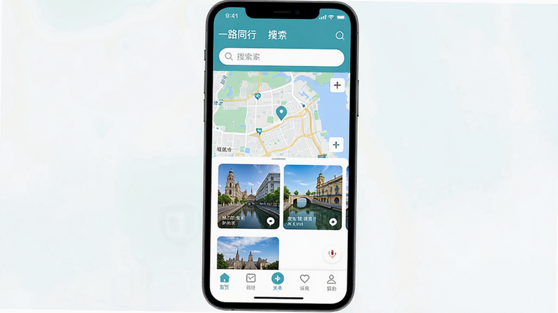 一张高清手机屏幕截图,展示“一路同行”App的主界面,顶部显示搜索栏,中部为地图视图与几个精选景点卡片,底部导航栏清晰可见,整体风格清新简约,采用蓝绿色调,UI设计现代且扁平化,无多余装饰元素,高分辨率,干净背景