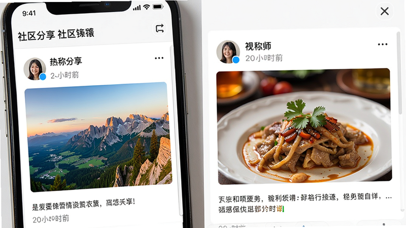 手机界面展示“社区分享”板块,显示几条热门帖子,每条包含用户头像、昵称、发布时间及简短评论,配图精美,如风景照或美食特写,界面布局合理,滚动条可见,强调互动性与真实性,高分辨率,色彩鲜艳自然
