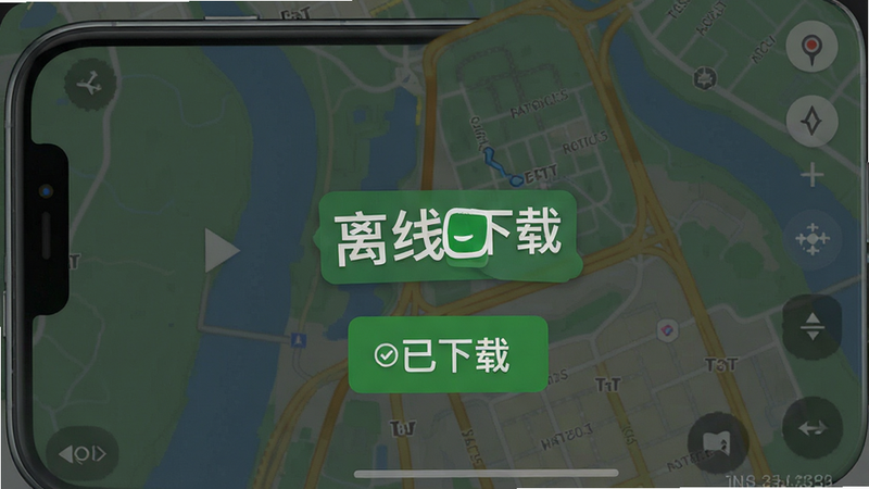 手机界面展示“离线地图”下载成功后的状态,显示“已下载”绿色标签,背景为地图界面,模拟无网络环境下的使用场景,界面元素简洁,突出“离线可用”概念,高分辨率,细节清晰