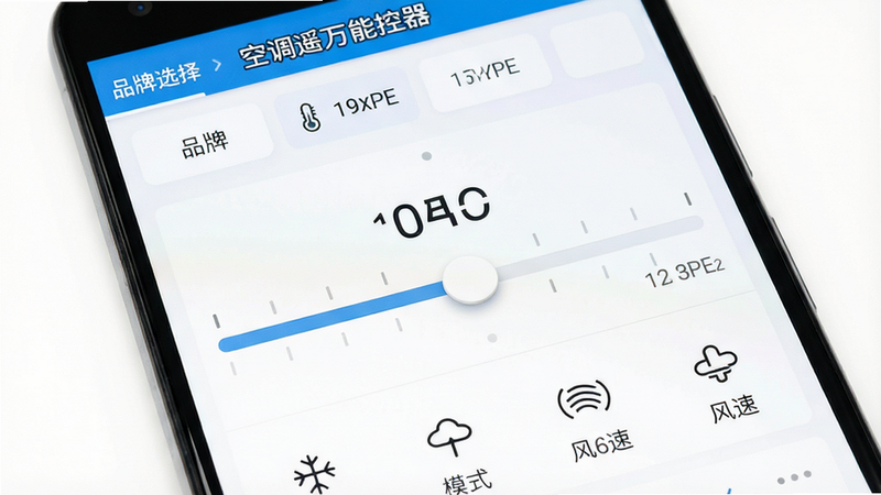 主体为安卓手机屏幕特写,显示“空调遥万能控器”应用界面,布局清晰,顶部为品牌选择区,中部为大尺寸温度调节滑块,底部为模式与风速图标,背景为纯白色,风格极简现代,细节清晰,画质4k,干净,无多余元素,文字“空调遥万能控器”清晰可见