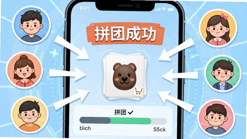 拼拼购物特惠商城拼团功能示意图,手机屏幕显示拼团进度条,周围环绕着多个卡通用户头像,箭头指向中心商品,体现社交连接感,背景为浅蓝色科技风,文字标注“拼团成功”,布局紧凑,细节丰富,高清,干净,无多余元素