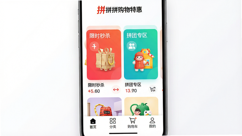 拼拼购物特惠商城APP主界面全景展示,手机屏幕居中,背景为简约白色渐变,顶部显示“拼拼购物特惠”品牌Logo,中间区域清晰展示“限时秒杀”与“拼团专区”两大核心模块,商品图片色彩鲜艳且排列整齐,底部导航栏包含“首页”、“分类”、“购物车”、“我的”四个图标,整体风格清新现代,无多余装饰,高清写实风格,干净,无多余元素