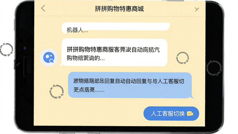 拼拼购物特惠商城客服聊天界面,显示机器人自动回复与人工客服切换按钮,背景为淡黄色,对话气泡清晰,无加载失败图标,高清,干净,无多余元素