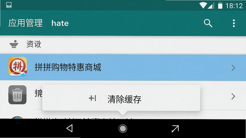 安卓手机设置界面截图,显示“应用管理”列表中选中“拼拼购物特惠商城”,下方弹出“清除缓存”按钮,界面简洁,文字清晰,无广告干扰,高清,干净,无多余元素