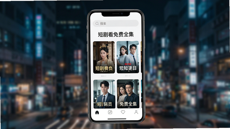 一张展示手机屏幕的高清图片,屏幕中央显示'短剧看免费全集'应用界面,背景为模糊的都市夜景,界面上有多个短剧封面缩略图,包括古装、现代剧,界面顶部有搜索栏,底部导航栏简洁,整体风格现代简约,色调以白色和浅灰色为主,画质清晰,无多余水印,干净利落