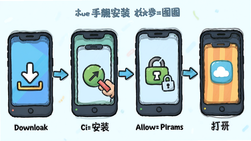 一个分步骤的图解,展示手机安装应用的流程,第一步点击下载,第二步点击安装,第三步允许权限,第四步打开应用,每一步都有简单的图标和文字说明,风格卡通,色彩鲜艳,易于理解,背景为浅色,无复杂背景,画质清晰,无多余元素