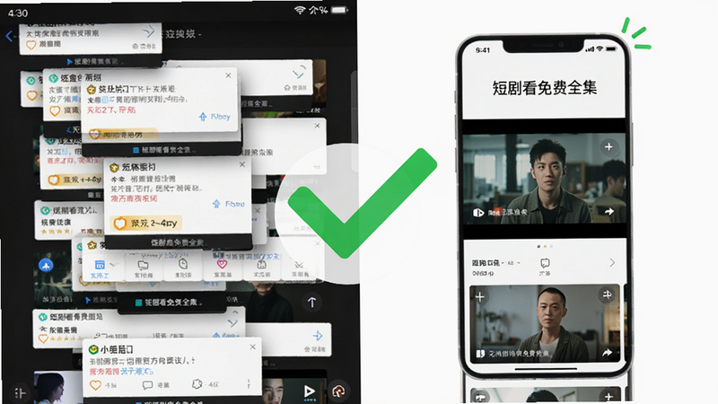 一个对比图,左侧是杂乱的广告弹窗覆盖屏幕,右侧是'短剧看免费全集'界面,干净无广告,屏幕清晰显示视频内容,中间有一个大大的绿色对勾,象征纯净体验,背景为白色,构图简洁有力,传达无干扰的理念,画质高清,无噪点