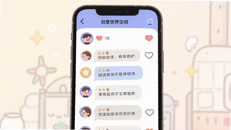 主体为“创意世界空间”App的社交动态页面,布局显示用户头像与点赞图标,排版垂直列表式,风格活泼亲切,细节包含评论气泡,画质柔和,干净,无多余元素