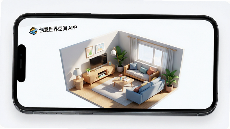 主体为手机屏幕展示“创意世界空间”App界面,布局呈现3D房间全景视图,排版整洁现代,风格清新明亮,细节包含家具模型与光影效果,画质高清,干净,无多余元素