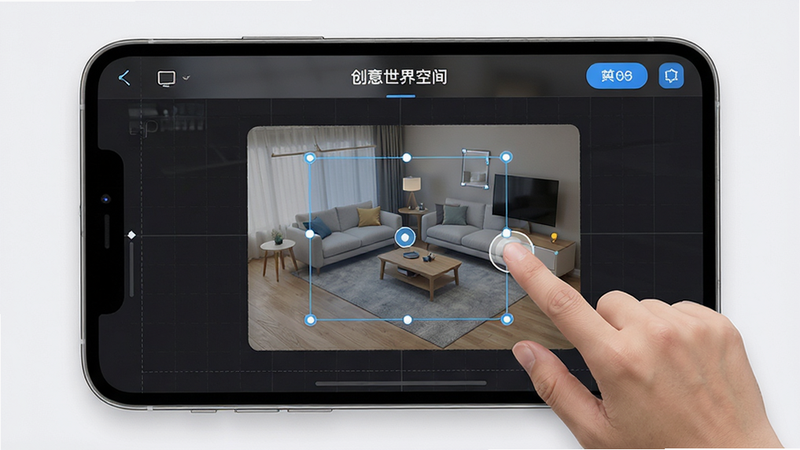 主体为“创意世界空间”App中的装修编辑界面,布局展示拖拽家具的操作手势,排版清晰,风格简约科技,细节显示网格线与选中状态,画质清晰,干净,无多余元素