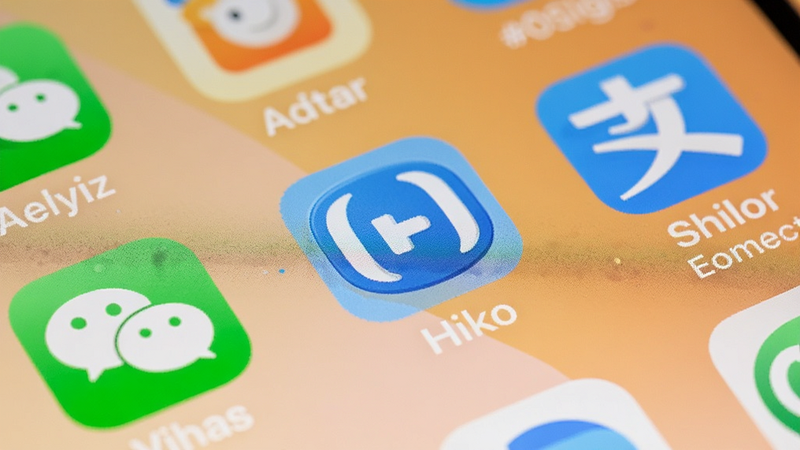 手机桌面特写,Hiko图标位于显眼位置,周围排列着微信、支付宝等常用应用图标,背景为简洁的纯色壁纸,光线柔和,突出Hiko的日常陪伴属性,高清,无多余元素