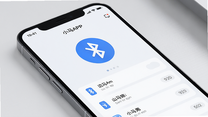 主体为一部现代智能手机,屏幕显示“小马APP”界面,布局清晰,顶部有状态栏,中间是大尺寸的蓝牙连接图标和设备列表,排版简洁现代,风格为科技极简主义,细节丰富,展示设备配对成功状态,画质高清,干净,无多余元素