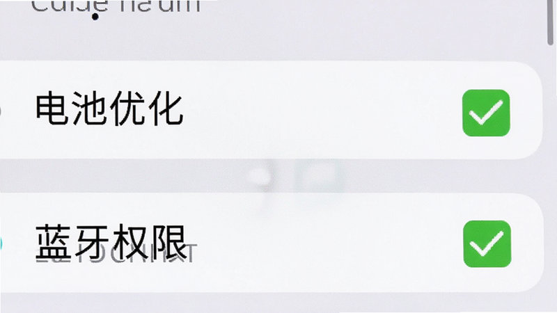 主体为手机设置界面特写,显示“电池优化”和“蓝牙权限”选项被勾选,布局清晰,排版为UI界面截图风格,细节展示勾选标记的绿色对号,画质清晰,干净,无多余元素