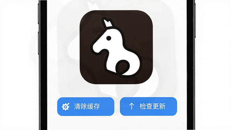 主体为手机故障排查界面,显示“清除缓存”与“检查更新”按钮,背景为小马APP图标,布局垂直排列,排版简洁,风格为问题解决风,细节包含齿轮图标,画质高清,干净,无多余元素