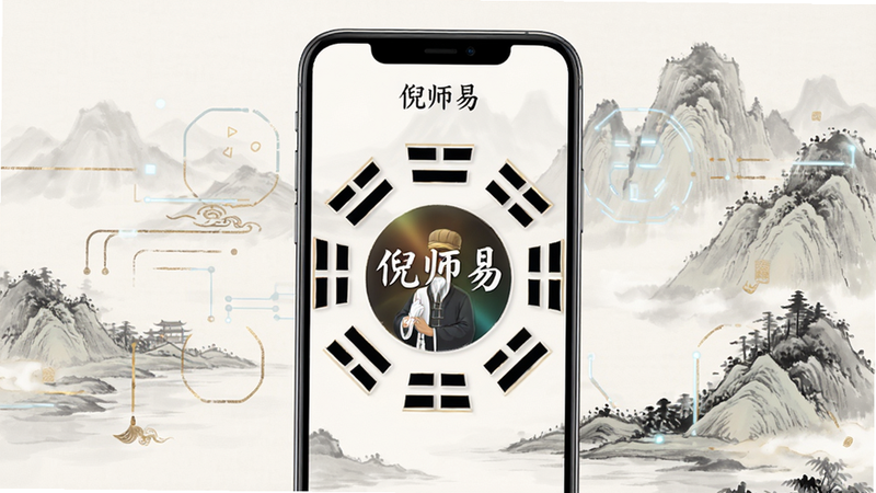 主体为一部现代智能手机,屏幕中央显示“倪师易”应用界面,背景为淡雅的水墨山水风格,布局清晰,排版整洁,包含八卦符号元素,风格为中国传统美学与现代科技结合,细节精致,画质高清,干净无多余元素