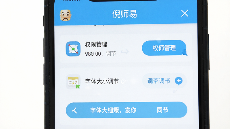手机屏幕显示“倪师易”应用设置页面,包含权限管理、字体大小调节选项,界面简洁,图标清晰,布局上下分层,风格扁平化,细节按钮高亮,画质清晰,背景白色