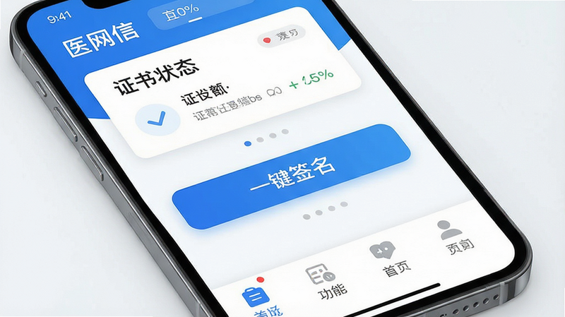 一张展示手机应用界面的概念图,主体为“医网信”APP首页,布局清晰,顶部显示“证书状态”卡片,中部为“一键签名”大按钮,底部为功能菜单,风格为简洁的科技蓝白色调,细节丰富,画质高清,无多余元素,干净简洁
