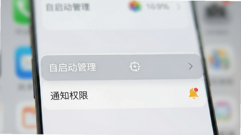 手机设置界面示意图,高亮显示“自启动管理”和“通知权限”选项,背景虚化,主体清晰,风格为现代UI设计,色调为浅灰与白色,细节准确,画质高清,无多余图标,干净