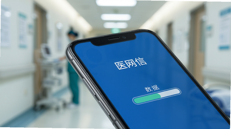 一部安卓手机侧面特写,屏幕显示“医网信”APP正在加载数据,背景为模糊的医院走廊,光线柔和,主体突出手机屏幕上的进度条图标,风格写实,细节清晰,画质4K,无水印,干净