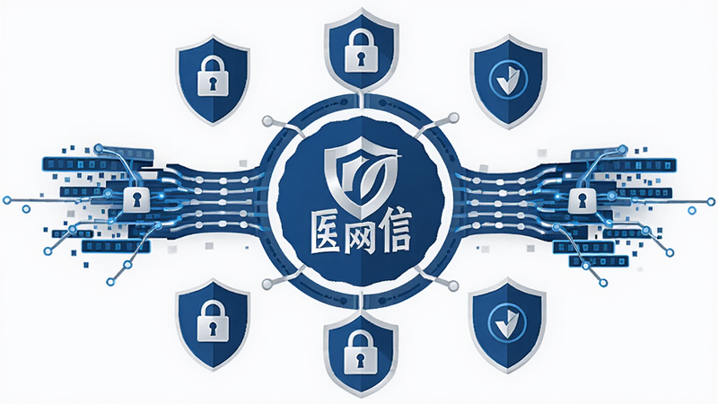抽象的数字安全概念图,中心为“医网信”LOGO,周围环绕着盾牌、锁、数据流等元素,布局对称,排版严谨,风格为扁平化科技风,色彩为深蓝与白色,细节精致,画质高清,无杂乱背景,干净