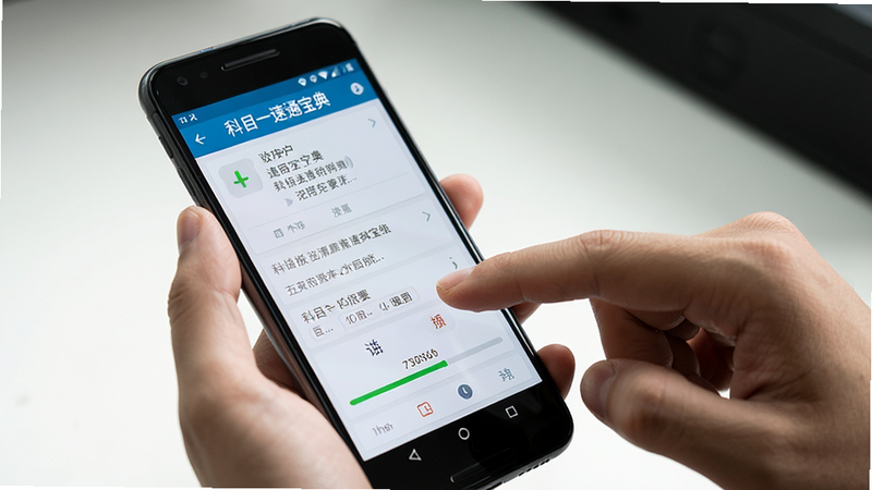 主体为手持安卓手机操作“科目一速通宝典”的场景,布局聚焦于手指点击屏幕的动作,排版简洁,风格写实摄影,细节显示屏幕上的答题界面与进度条,画质高,干净,无多余元素