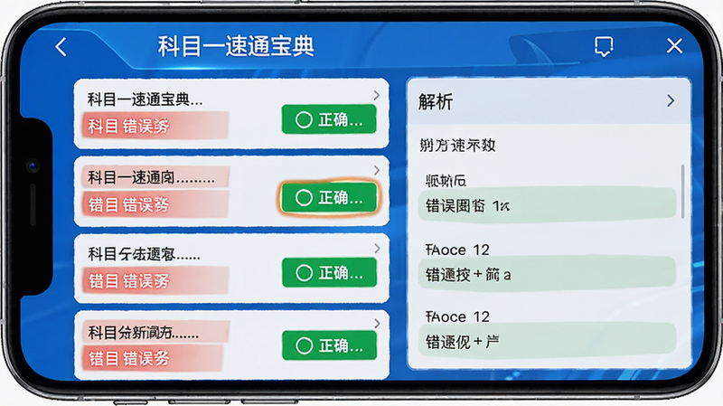 主体为手机屏幕显示“科目一速通宝典”的错题强化界面,布局左侧为题目列表,右侧为解析面板,排版紧凑有序,风格科技感蓝色调,细节显示红色高亮的错误选项与绿色正确选项,画质清晰,干净,无多余元素