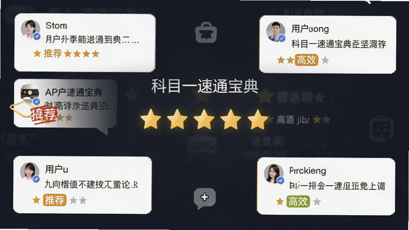 主体为“科目一速通宝典”APP的五星好评界面截图,布局为中心展示评分星星与用户评论气泡,排版对称,风格扁平化设计,细节显示“推荐”、“高效”等关键词标签,画质清晰,干净,无多余元素