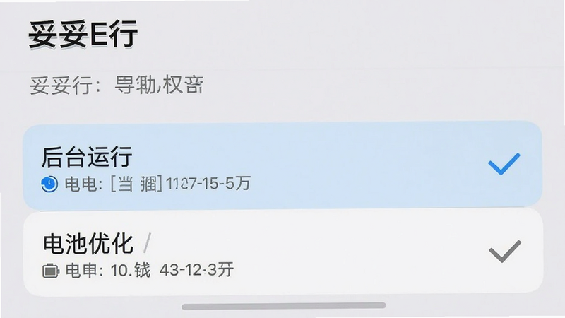 主体为手机设置界面截图风格,显示“妥妥E行”的权限设置列表,高亮显示“后台运行”和“电池优化”选项,布局垂直排列,排版清晰,界面元素真实,细节处有对勾标记,写实风格,高清,干净,无多余元素