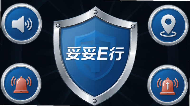主体为安全盾牌图标,盾牌中心是“妥妥E行”LOGO,周围环绕着录音、定位、报警三个小图标,布局呈环形分布,排版对称,蓝色信任感配色,细节处有金属光泽,矢量插画风格,高清,干净,无多余元素