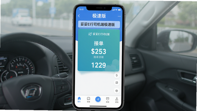主体为一部竖屏智能手机,屏幕显示“妥妥E行司机端极速版”应用界面,界面采用蓝白配色,顶部显示“极速版”标识,中间是大面积的接单区域,底部是导航栏,布局清晰,排版简洁,扁平化UI设计风格,细节处有柔和的阴影,4k高清画质,干净,无多余元素