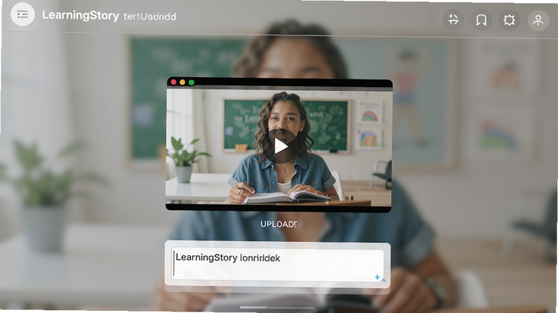 LearningStory 教师端 记录界面,显示一个正在上传的视频缩略图,下方有文字输入框,背景虚化,突出操作区域,现代简约风格,高清晰度,干净背景