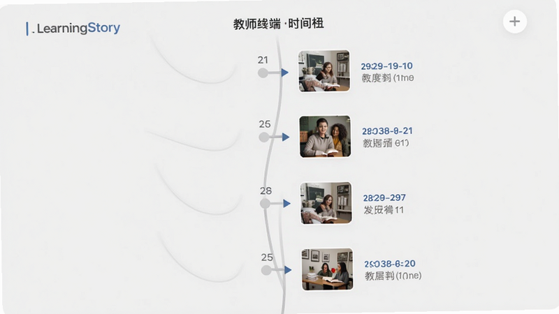 LearningStory 教师端 时间轴界面,展示垂直排列的时间节点,每个节点配有小图片和日期标签,背景为浅灰色,线条流畅,排版整齐,高清渲染